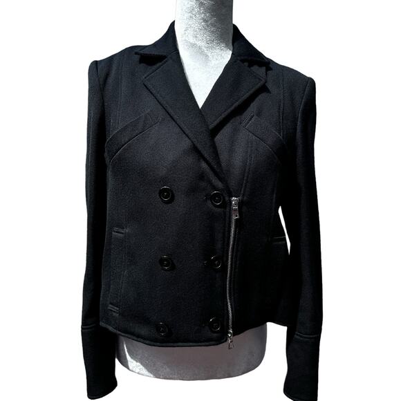 Jenni‎ Kayne Jacket Pea Coat XS Black Wool Fox Fur Collar Crop Silk Designer - Picture 3 of 14